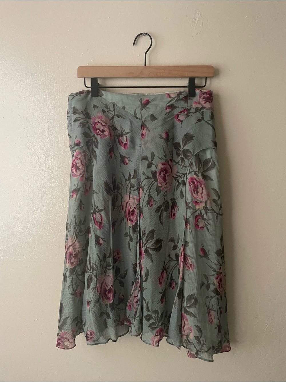 Banana Republic Silk Sage Green A-Line Skirt with Pink Rose Print